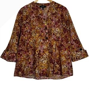 Cocomo Womens‎ Size XL Floral Print V Neck 3/4 Sleeve Roll Tab Gold Buttons